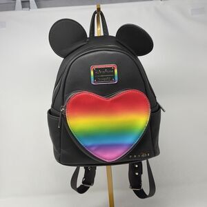 Disney Parks Loungefly Mickey Ears Pride Rainbow Heart Mini Backpack Black READ